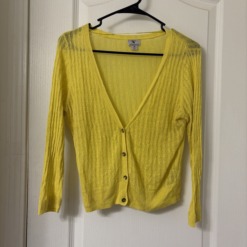 Worthington Yellow Cardigan sweater Size button Front Pointelle Knit Lightweight